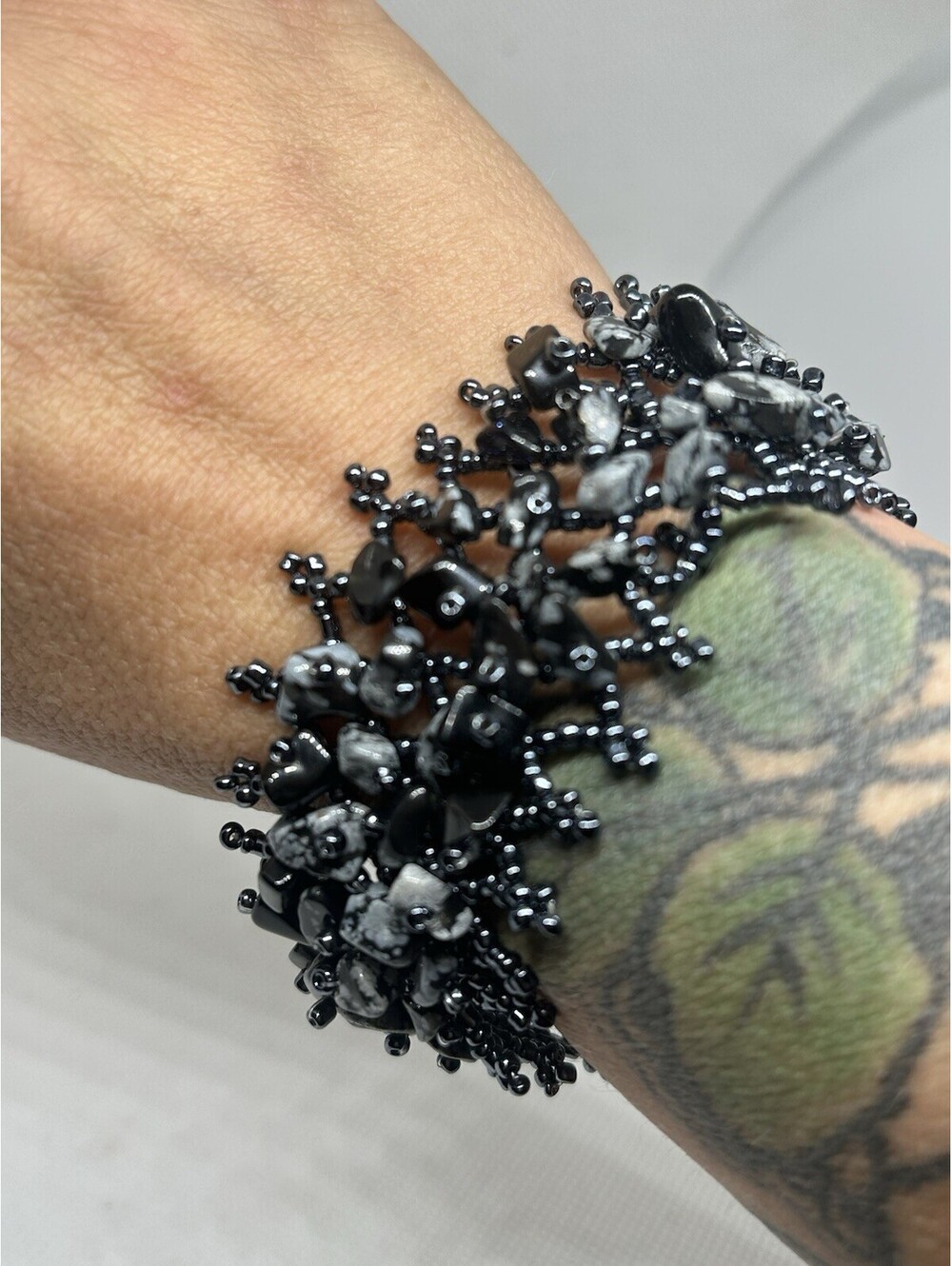 Handmade Black Seed Bead Snowflake Obsidian Chip Cuff Bracelet Statement Jewelry